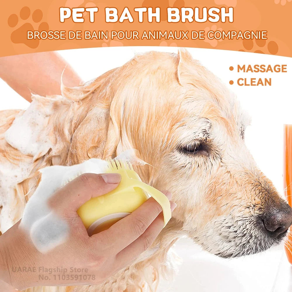 Pet Grooming Bath Massage Brush With Soap And Shampoo Dispenser, Soft Silicone Bristle For Long Short Haired Dogs Cats Shower