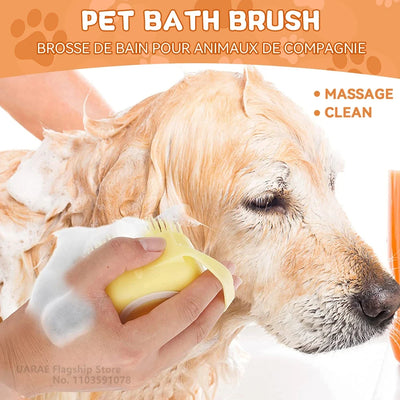 Pet Grooming Bath Massage Brush With Soap And Shampoo Dispenser, Soft Silicone Bristle For Long Short Haired Dogs Cats Shower